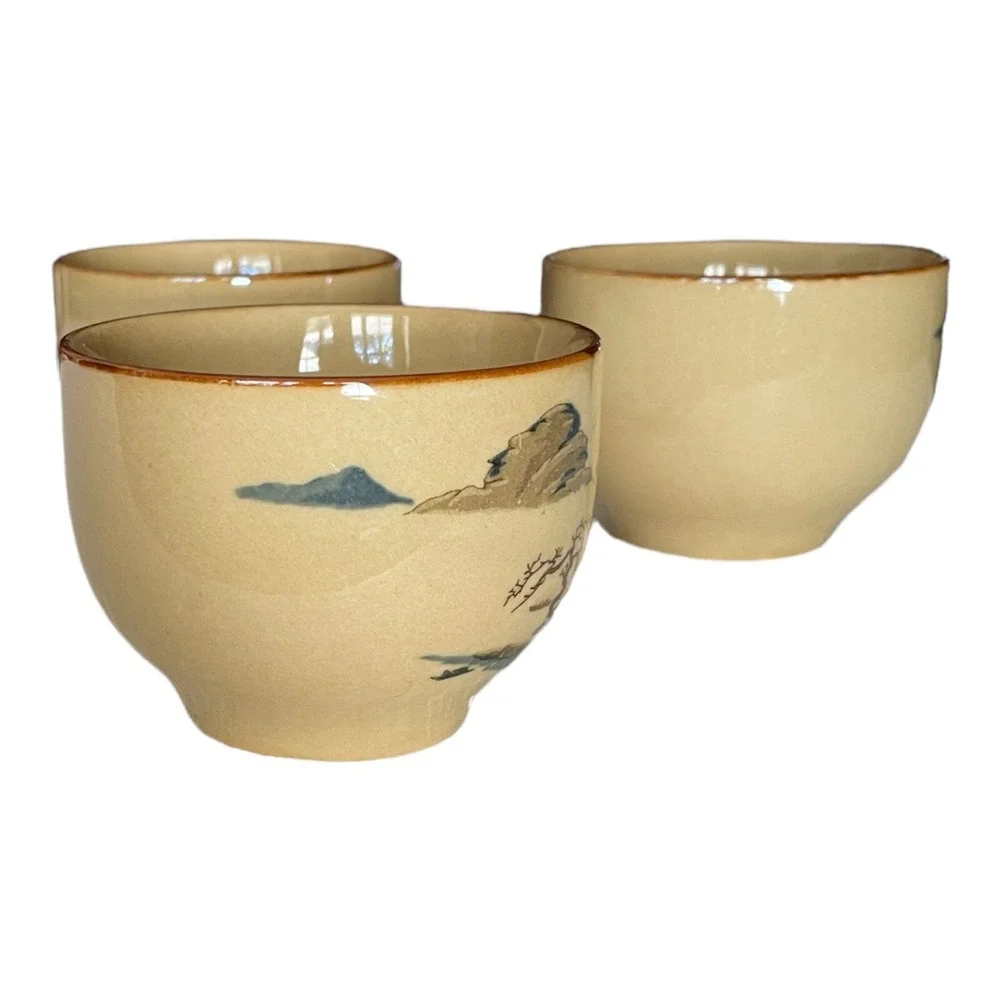 3 Vintage SAKI Japanese Sake/Tea Cups Tan with Landscape Ceramic Asian Decor